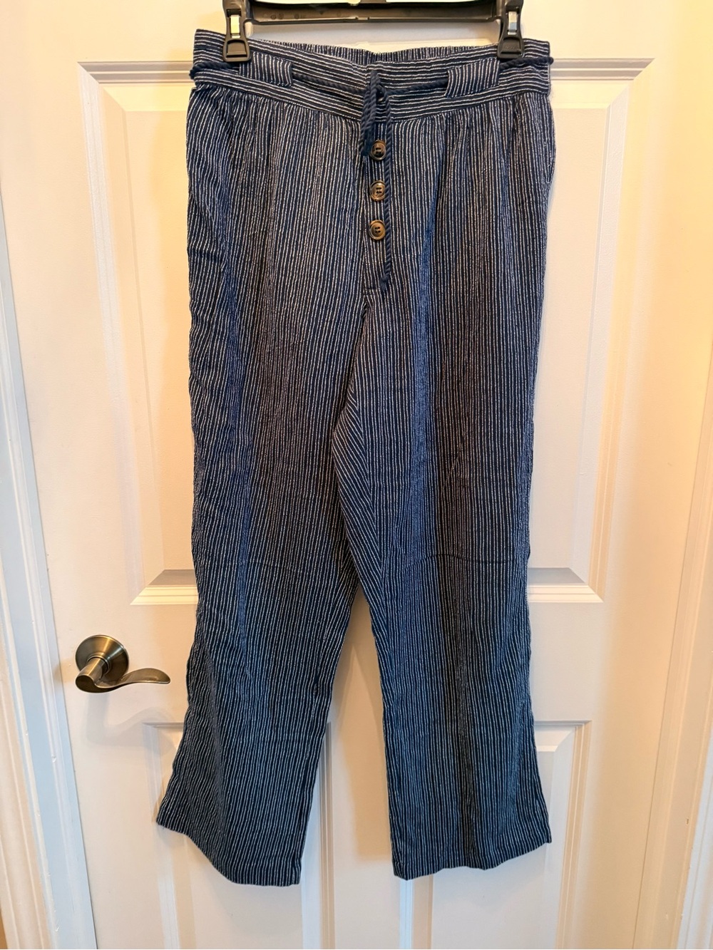 Women's Navy Pinstripe Casual Button-Fly Pants